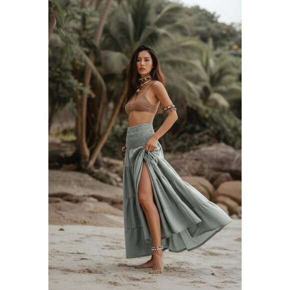 Sustainable Maxi Skirt in Sage - Stylish Boho Design with Pocket Convenience - Picture 2 of 6